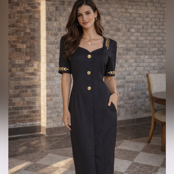 Ann Tobias Dresses & Skirts - Vintage Black Midi Dress Gold Button Embroidered Trim Ann Tobias Size 8 USA